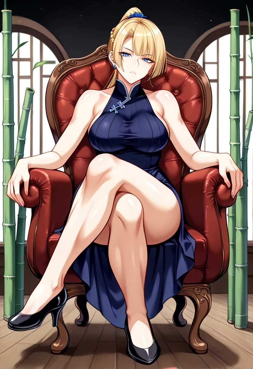 (beautiful face, beautiful blue eyes, detailed eyes, detailed face:1.3), mature woman, source_anime, 1 woman, solo, Lenna Brooklyn, succubus, long_hair, straight_hair, blonde_hair, blunt_bangs, braided_ponytail, braid_in_back, no_parted_bangs, female, (murderous_expression:1.5), mouth_closed, cold_stare, (piercing_and_half_closed_eyes:1.5), very_narrowed_eyes, (threatening_eyes:1.5), intense_gaze, emotionless_expression, slight_frown, eyes_almost_closed, focus_on_emotion, hostile_and_menacing_expression, dangerous_aura, (full_body_from_right_side:1.5), (sitting_on_bamboo_chair:1.5), legs_crossed, seductive_leg_cross, (quipao_dress:1.5), silk_dress, side_slit, intricate_dragon_pattern, smooth_skin, soft_clothing_wrinkles, detailed_skin_texture, emotional_intensity, subtle_yet_menacing, expressionless_intensity, soft_highlights_on_face, light_reflections_on_eyes, (ominous_smile:0.5), slightly_lowered_eyebrow, neck_visible_with_strands_of_hair, (relaxed_but_deadly_pose:1.4), intense_focus, (narrowed_and_suspicious_look:1.4), seductive_but_deadly_aura, seductive_and_dominant_presence, (side_view_perspective_right:1.5), confident_pose, (asian_inspired_setting:1.5), bamboo_chair_details, casual_but_dominant_vibe, alluring_sitting_position, blunt_straight_bangs, straight_long_hair_with_braid, braid_in_back, soft_light_around, confident_but_menacing_pose, intimate_yet_commanding_presence, oriental_ambient_light, powerful_yet_elegant_aura, sitting_with_grace, silk_fabric_gently_falling, cross_legged_sitting, seductive_leg_pose
