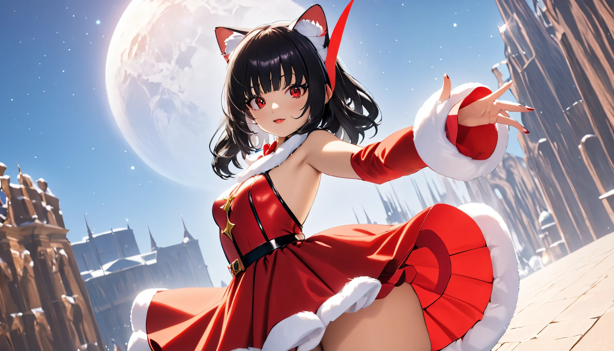 Sexy female hologram in Santa dress with Santa hat, ( junkotvvxl, black hair,  straight bangs , cat ears, red eyes), green team, inteligencia artificial, señor supremo de la IA, hologram, holographic,  round, cyberspace, vivid, extremely beautiful  round piercing eyes, looking at the viewer,  Movie Scene , Hero view , action pose, Scenery,  detailed background ,  masterpiece ,  better quality ,  anatomy, intricate, elegant,  absurdres, 8K 