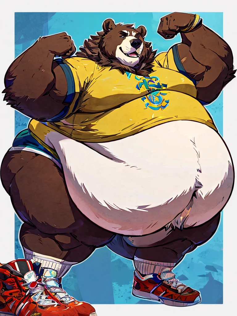 Very extremely morbidly-Obese Grizzly Bear with unbelievably very very very extremely massive overhang white belly, wears shoes, wears shirt, Flexing.