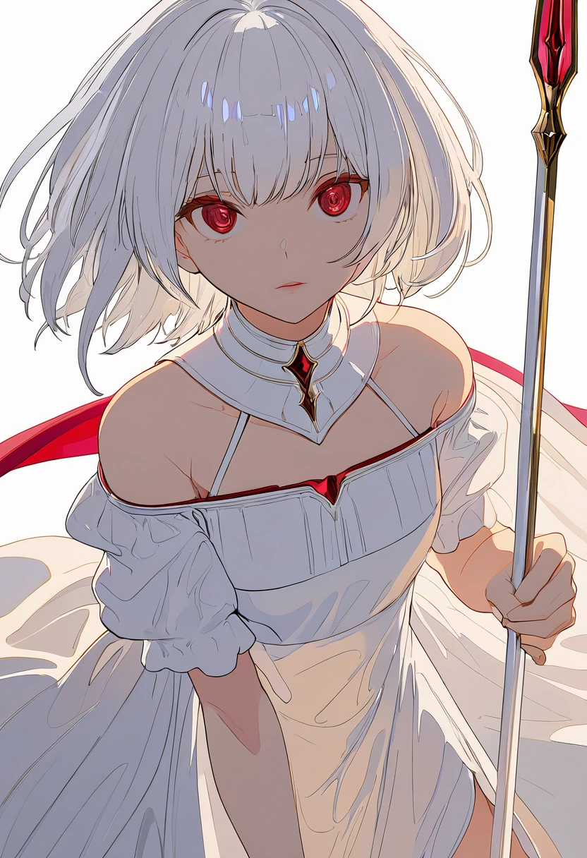 (masterpiece,  best quality:1.2,UHD,High Resolution、Detailed depiction)、 one girl、Red lipstick、 Tanned Skin、White Hair、 short bob、hair over one eye、messy hair、I have a slightly longer face veil 、 Off Shoulder Dress、 has a spear、 dynamic lighting、 flashy and gorgeous effects that have Qatar、Golden Time 