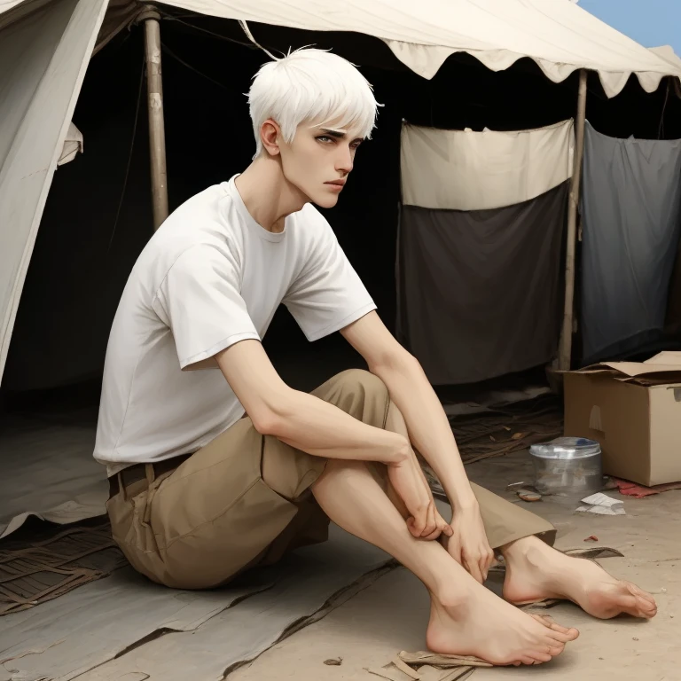 man with short white hair, Thin Eyes, ragged short sleeves ,  refugee camp background ,  sitting on the floor   