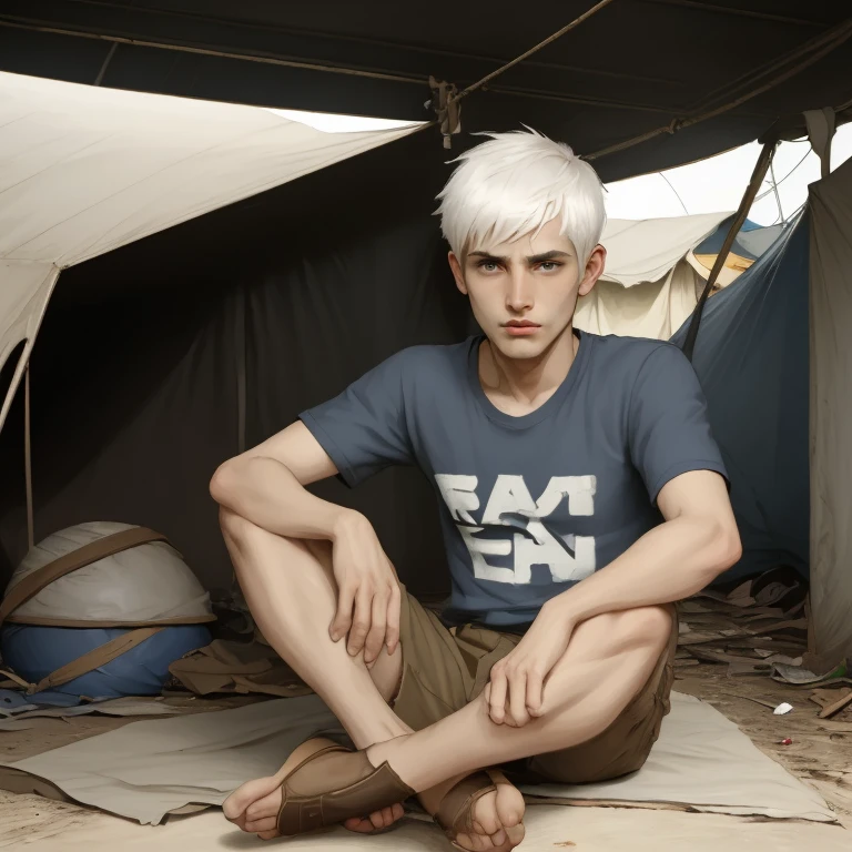 man with short white hair, Thin Eyes, ragged short sleeves ,  refugee camp background ,  sitting on the floor   