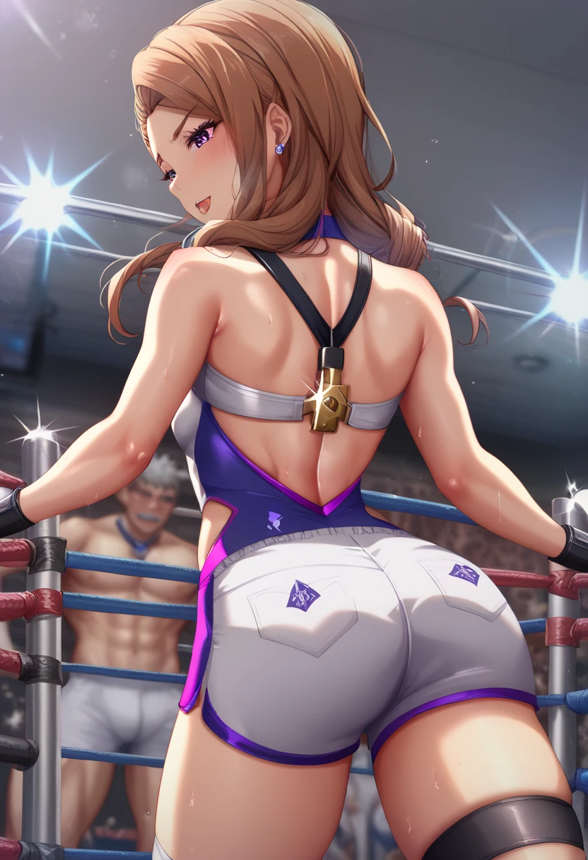 (( small breasts))、Minase Iori、 ahehe、 brown hair、( strangle it from behind)、Professional wrestling、ring、strangle、(Arm Lock)