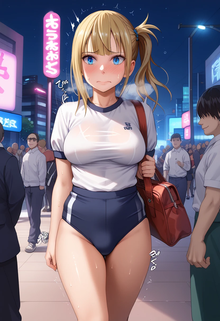 BREAK 1girl,walking,embarrassed,Care about your surroundings, BREAK 1girl, Kaguya Kawasumi, blond hair, long hair, large breast, Sweat,(Sound Effects:1.3),(gym uniform: 1.3), (buruma: 1.2), (buruma very wedge: 1.2),bag, BREAK cityscape, (at night:1.2), glowing neon sign, (crowd:1.3), BREAK score_9, score_8_up, score_7_up, score_6_up, source_anime,