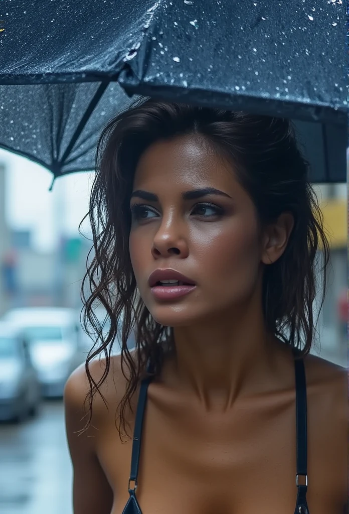 young teri weigel walking in the rain, detailed portrait, realistic, wet hair, raindrops on face, umbrella, street with puddles, city buildings in background, dramatic lighting, cinematic atmosphere, moody colors, blue and gray tones, photorealistic, 8k, best quality, masterpiece