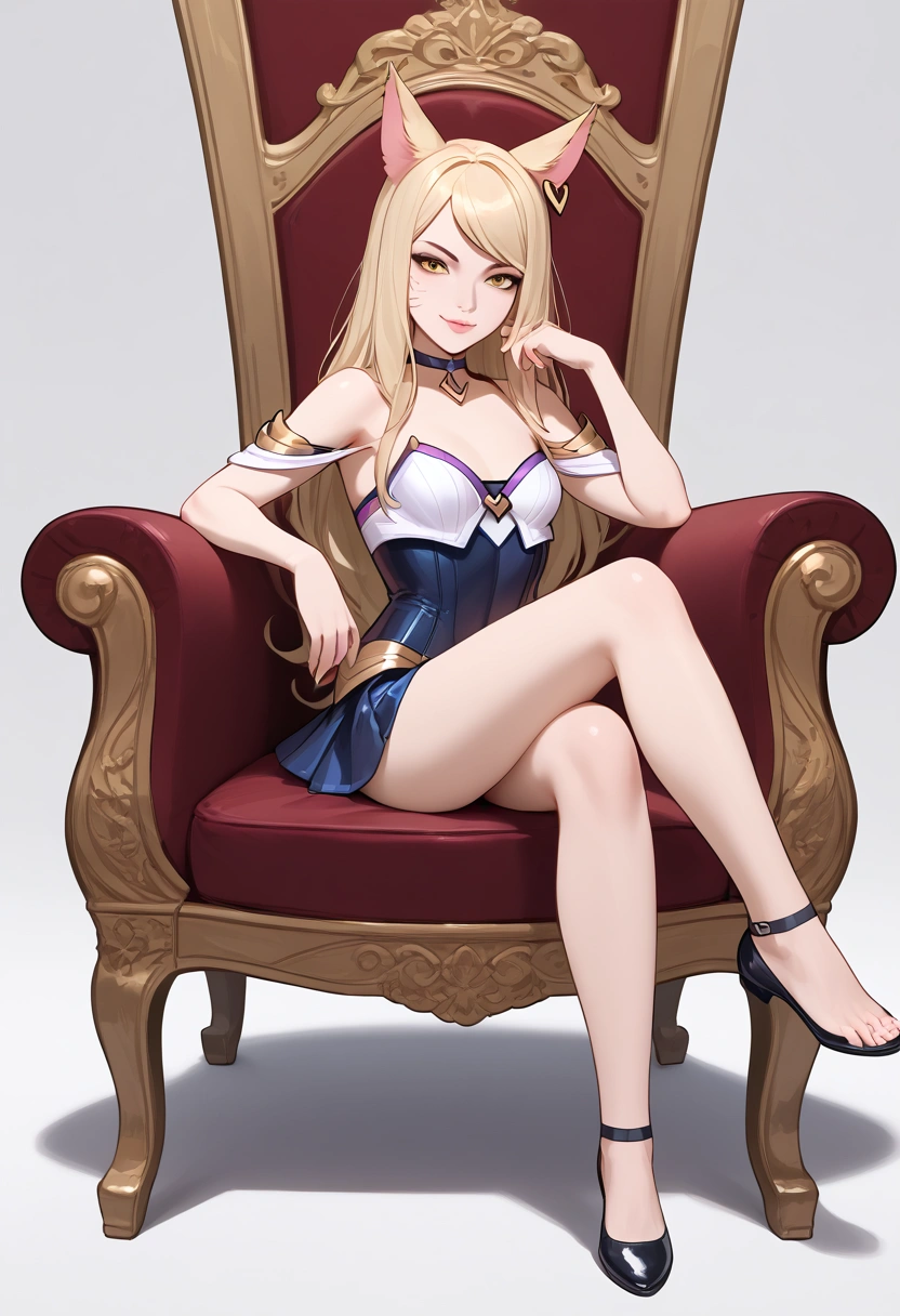 ((full body photo, standing, feet on the ground)) KDA Ahri LoL PD, masterpiece, best quality, (sitting on throne, legs crossed, showing feet, profile photo), highly detailed, score_9, score_8_up, score_7_up, score_6_up, anime font ,BREAK, 2girl, solo, long hair, blue eyes, flower, small breasts, bow, looking at viewer, freckles, parted lips, smile, full body, lips red, lips, leather ballet shoes, side photo, she looks at you, fishnets, white background, neutral cast
