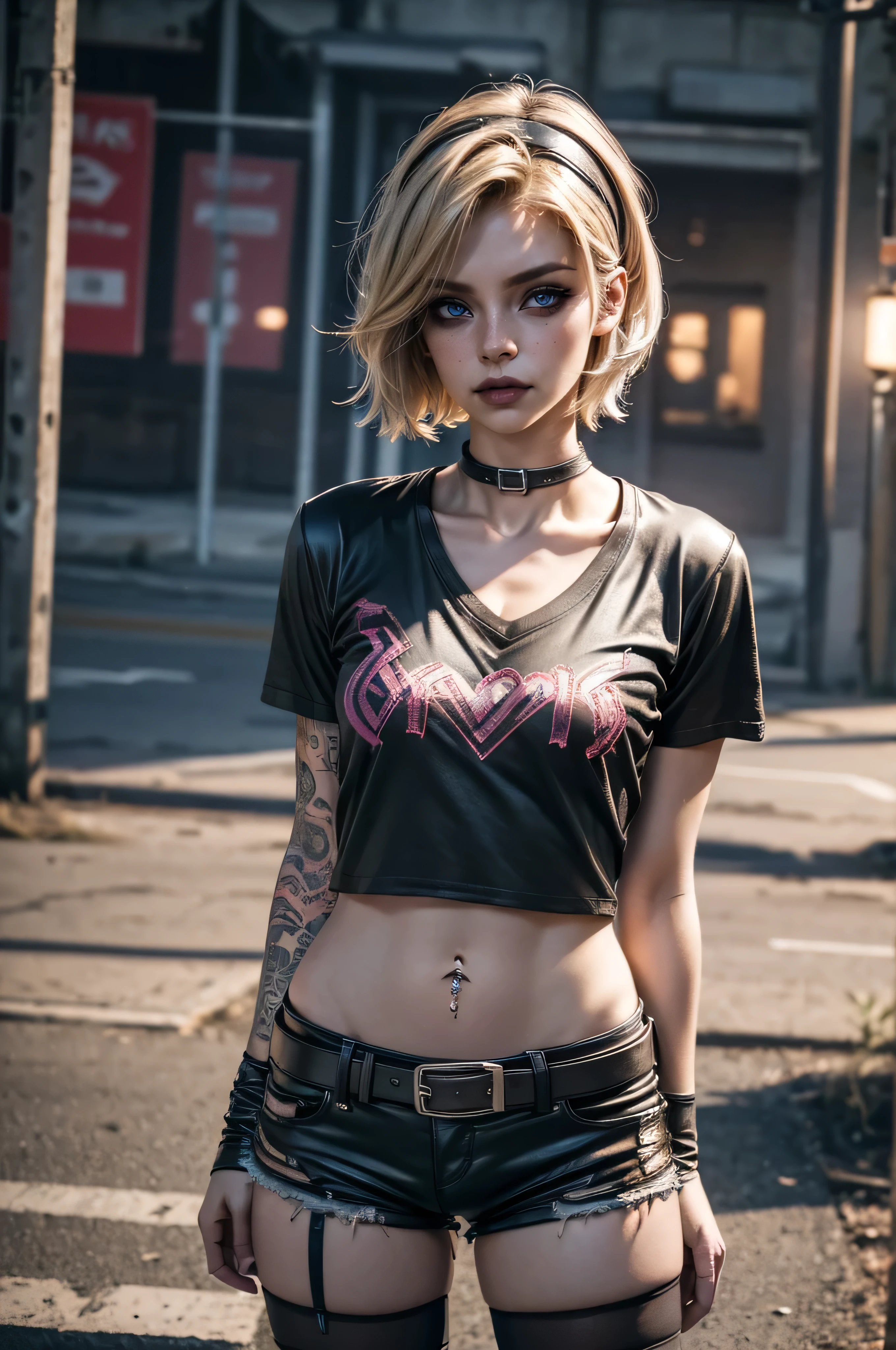 lora_Emma,1 girl, short blond hair, very skinny, tall, punk, small breast, ((hands behind back, chest pressed forward)), (leather micro hotpants), belt, (leather collar), (((very oversized V-neck cotton t-shirt))), ((cotton knee-high socks)), plastic headband, ((navel piercing)), (cotton lower arm sleeves), shy, tired expression, heavy makeup, intense eyeliner, very dark eyeshadow, black lipstick, very small amounts of midriff exposed, ((bright colored clothing)), (best quality,4k,8k,highres,masterpiece:1.2),ultra-detailed,(realistic,photorealistic,photo-realistic:1.37),gloomy weather,hyperrealistic,vivid colors,detailed facial features,beautiful detailed eyes,beautiful detailed lips,extremely detailed eyes and face,long eyelashes,cinematic lighting,natural setting,detailed background, empty playground background