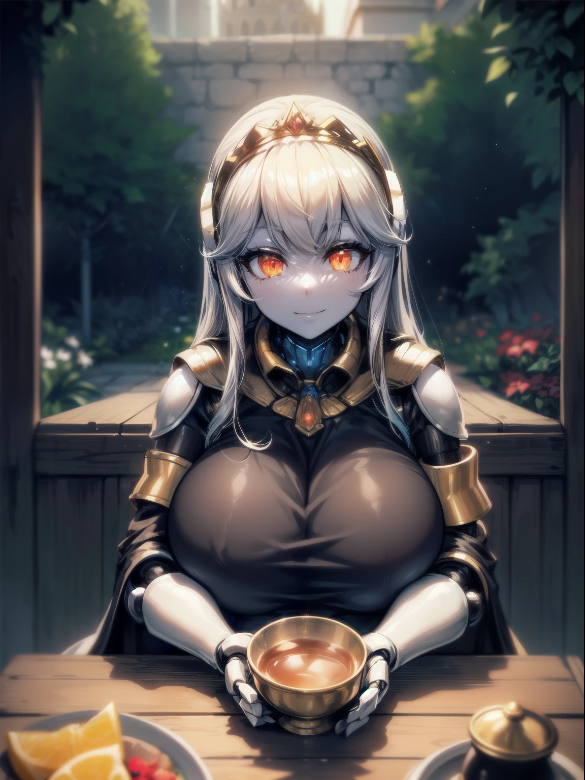 1girl,solo, robot girl, humanoid robot,robot joints, orange eyes,long hair, (colored skin),huge breasts,tiara, jewelry, armored dress,gold trim, sleeveles,cape,castle in background, (outdoors),garden,sitting, on chair, holding cup , table, light smile