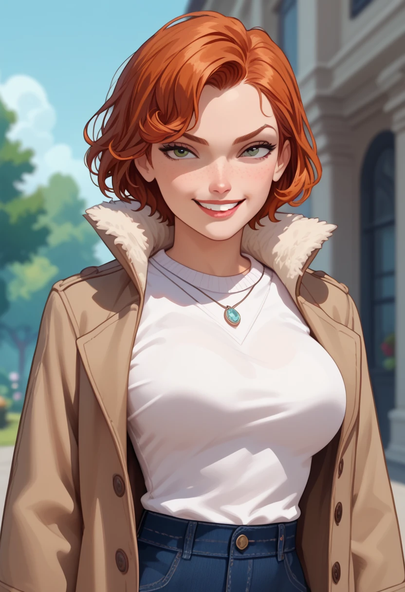 Woman, short hair, sweater, smile, Redhead,  unbuttoned Coat, Upper part of the breast, cartoon screencap, 