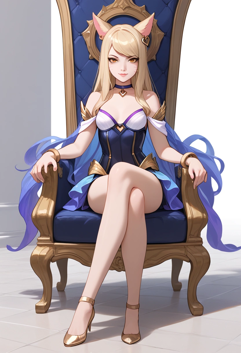 ((full body photo, standing, feet on the ground)) KDA Ahri LoL PD, masterpiece, best quality, (sitting on throne, legs crossed, showing feet, profile photo), highly detailed, score_9, score_8_up, score_7_up, score_6_up, anime font ,BREAK, 2girl, solo, long hair, blue eyes, flower, small breasts, bow, looking at viewer, freckles, parted lips, smile, full body, lips red, lips, leather ballet shoes, side photo, she looks at you, fishnets, white background, neutral cast
