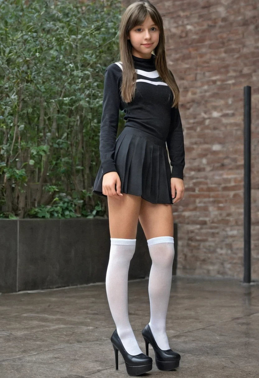 ( 1.5), European teen, brunette teen, teen cute face, white skin, girl beautiful face, beautiful  girl, medium Breasts, Long Legs, fitness body, (sexy school girl outfit 1.5), naked torso, (black Tiny mini Skirt 1.5), (show legs and thighs), black platform straps high heels, white knee high socks, Slim sexy long legs, modeling, medium Angle Shot, Full Body lust, sexy Slim body, (sexy all fours 1.5), (spread legs towards viewer 1.5), ass and thighs showing, New York, United States, ray tracing, HDR