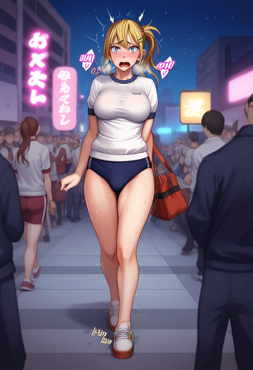 BREAK 1girl,walking,embarrassed,Care about your surroundings, BREAK 1girl, Kaguya Kawasumi, blond hair, long hair, large breast, Sweat,(Sound Effects:1.3),(gym uniform: 1.3), (buruma: 1.2), (buruma very wedge: 1.2),bag, BREAK cityscape, (at night:1.2), glowing neon sign, (crowd:1.3), BREAK score_9, score_8_up, score_7_up, score_6_up, source_anime,