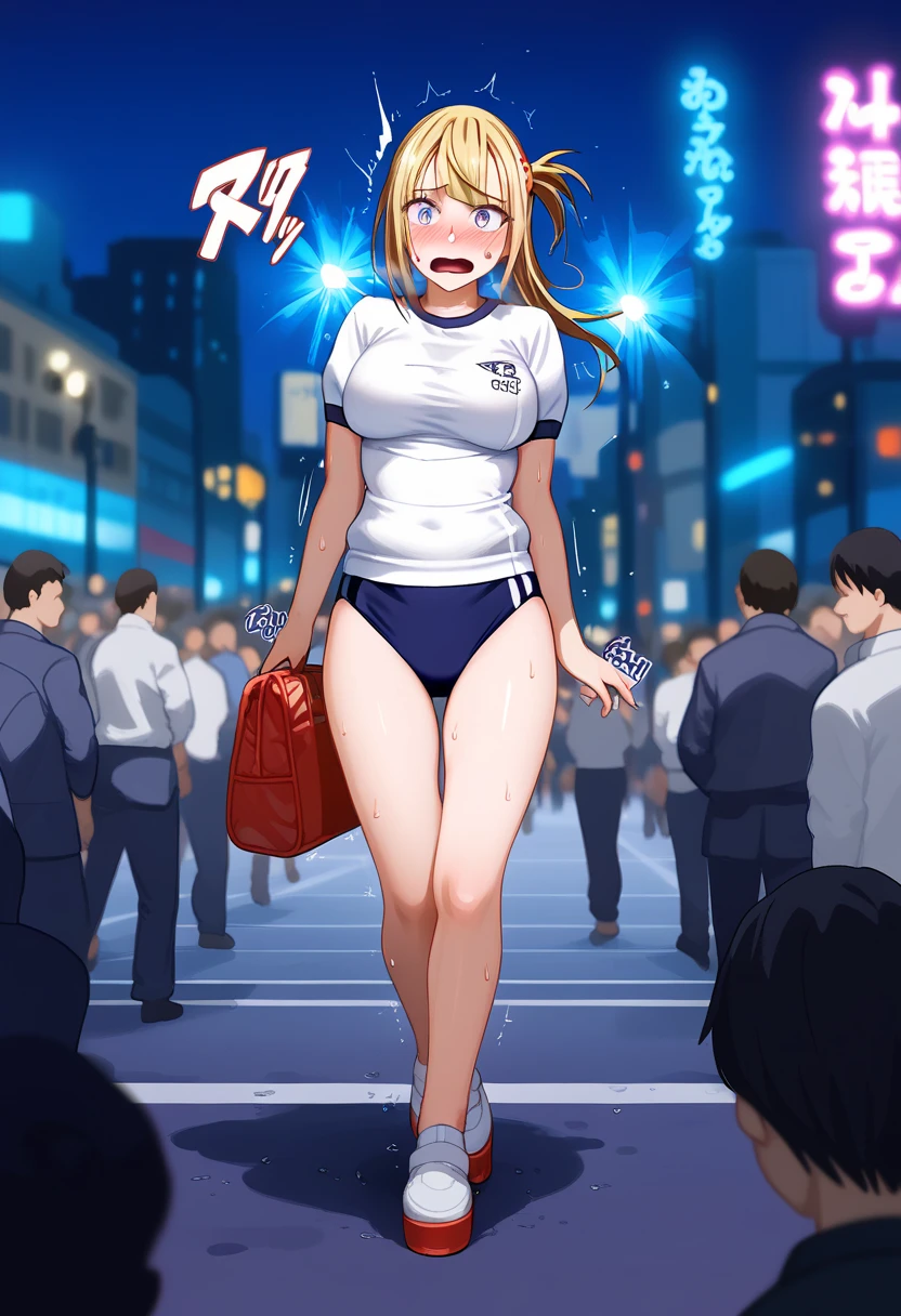 BREAK 1girl,walking,embarrassed,Care about your surroundings, BREAK 1girl, Kaguya Kawasumi, blond hair, long hair, large breast, Sweat,(Sound Effects:1.3),(gym uniform: 1.3), (buruma: 1.2), (buruma very wedge: 1.2),bag, BREAK cityscape, (at night:1.2), glowing neon sign, (crowd:1.3), BREAK score_9, score_8_up, score_7_up, score_6_up, source_anime,