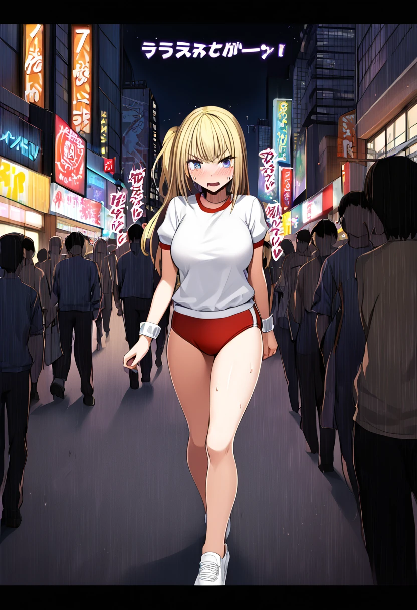 BREAK 1girl,walking,embarrassed,Care about your surroundings, BREAK 1girl, Kaguya Kawasumi, blond hair, long hair, large breast, Sweat,(Sound Effects:1.3),(gym uniform: 1.3), (buruma: 1.2), (buruma very wedge: 1.2),bag, BREAK cityscape, (at night:1.2), glowing neon sign, (crowd:1.3), BREAK score_9, score_8_up, score_7_up, score_6_up, source_anime,