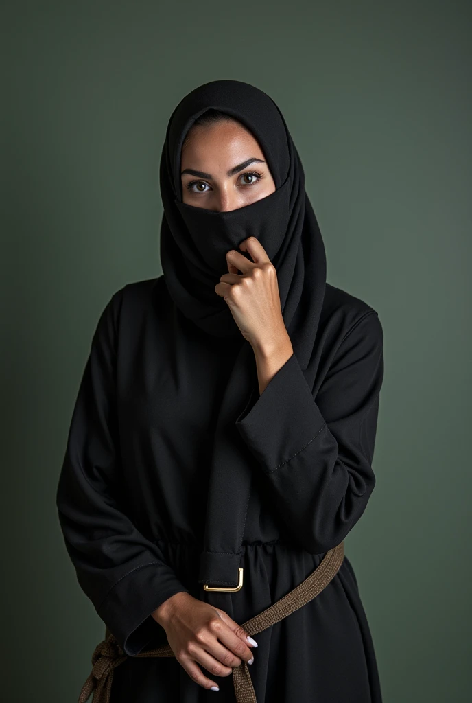 one women wearing niqab seat on chair,at room ,hand at face niqab,look at camera