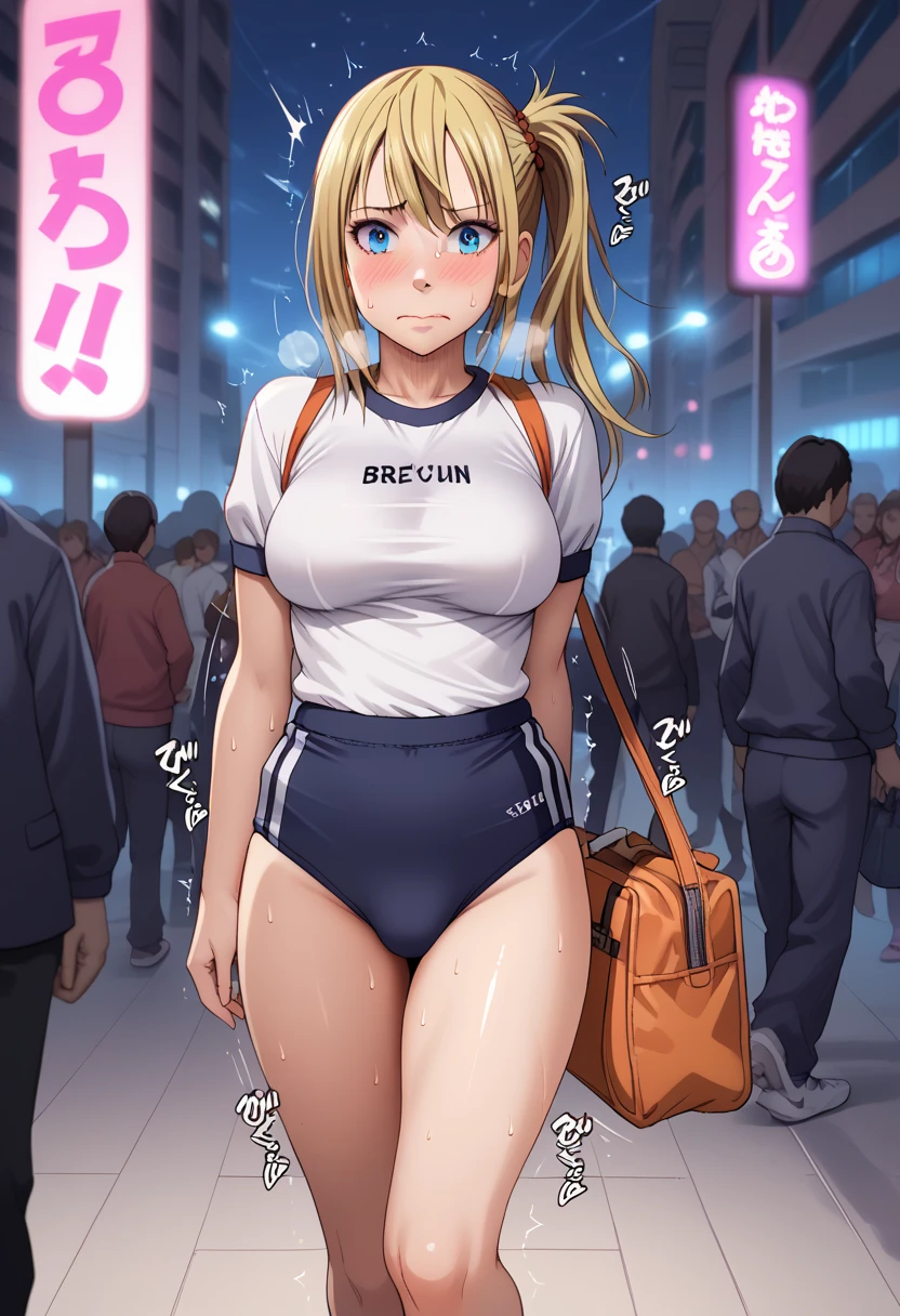 BREAK 1girl,walking,embarrassed,Care about your surroundings, BREAK 1girl, Kaguya Kawasumi, blond hair, long hair, large breast, Sweat,(Sound Effects:1.3),(gym uniform: 1.3), (buruma: 1.2), (buruma very wedge: 1.2),bag, BREAK cityscape, (at night:1.2), glowing neon sign, (crowd:1.3), BREAK score_9, score_8_up, score_7_up, score_6_up, source_anime,