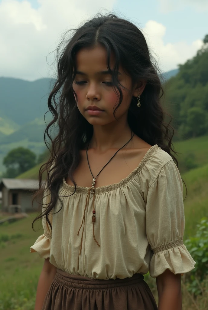 Create an image of a 6-year-old girl with curly brown eyes and hair playing in front of a mud house in the backwoods.