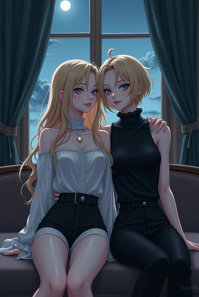 Drawing ( masterpiece,  better quality ,  High resolution: 1.4) (photorealism:1.2) Drawing detallado, until. A pair of THIN young people sitting at night. El primero es  wavy hair rubio,  long hair , delgado,  wavy hair,  blue eyes  grisáceos, smooth skin,  white skin , delgado, Delicate, friendly. Delicate.  Clothing detail Dressed in rococo long neck blouse and shorts,  black victorian clothing , soft leather, slim and feminine .  The second one is taller , man, delgado,  is sitting on one side of the first ,  wearing black pants and sleeveless blouse,  young,  short blonde hair ,  Straight hair ,  blue eyes , torn,  moon under the right eye , Half tail hairstyle , smooth skin,  white skin , slim, happy, Annoying. gothic clothes.  In the mansion room 
