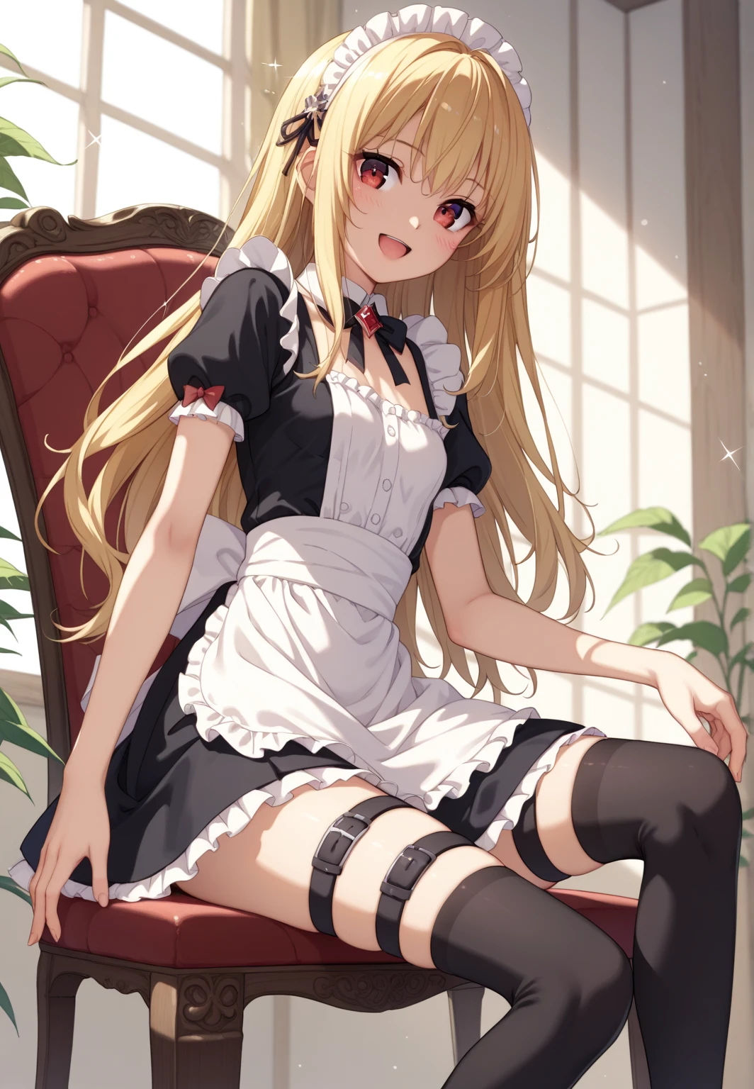 score_9, score_8_up, score_7_up, source_anime Best Quality、 1girl、anime style 、konjikinoyami、Blonde、,Red Eyes、Hair accessories 、Long Hair, 1 girl、black thighhighs、 thigh strap ,  small breasts、short 、maid clothes 、skirt by the、（small tits）、 sit on a chair、smile、sunlight、 open your mouth wide、upper body、Thin arms、Thin legs、cute、 Beautiful Legs 、 beautiful eyes with beautiful details ,  sparkle with beautiful details, 