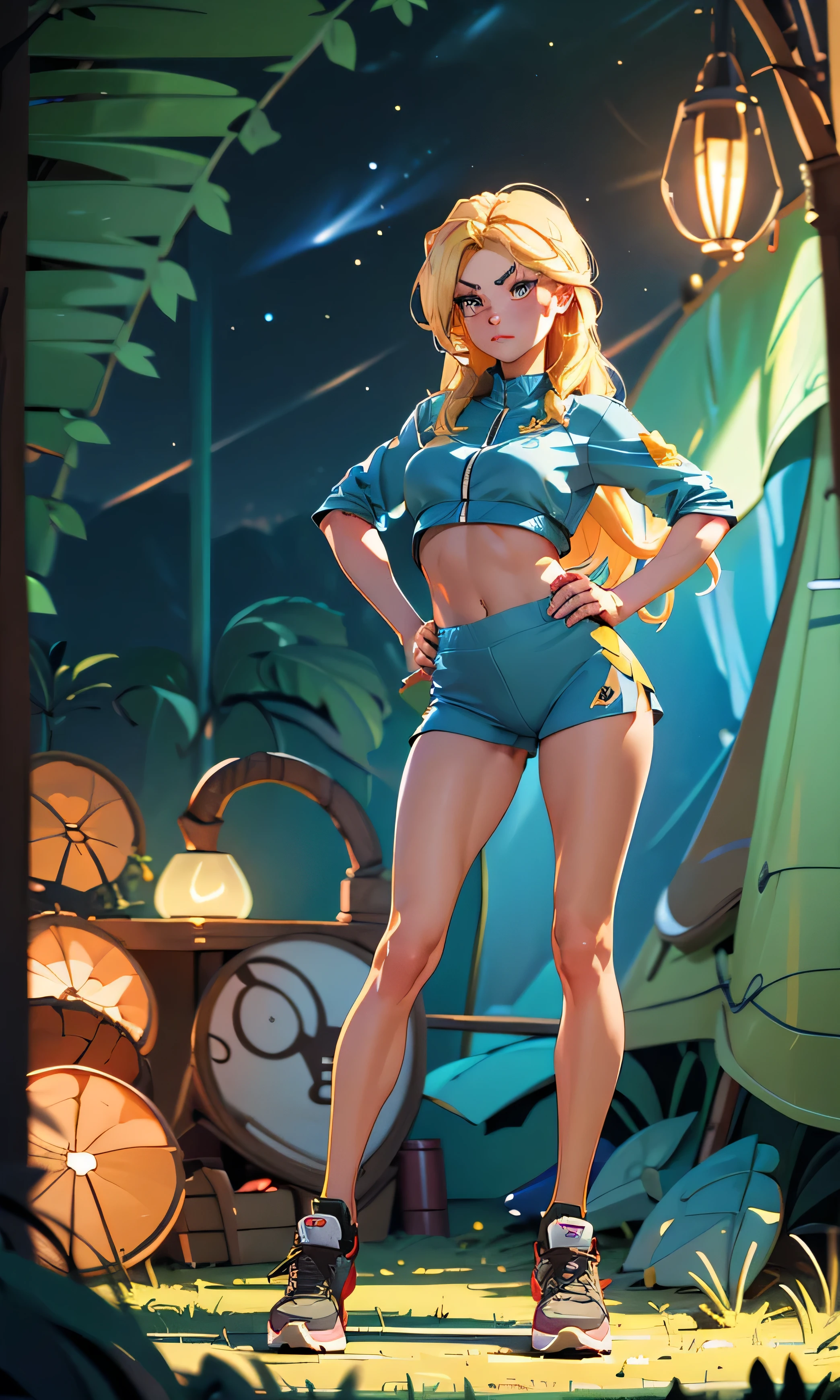 masterpiece, 1 girl, beautiful, slim, head on, looking at the spectator, long hair , blonde hair, brown eyes, arched eyebrows , full body , nice legs, abdomen plano, blue sports shoes, (((desnuda))), in an abandoned forest, camping tent , dark sky,