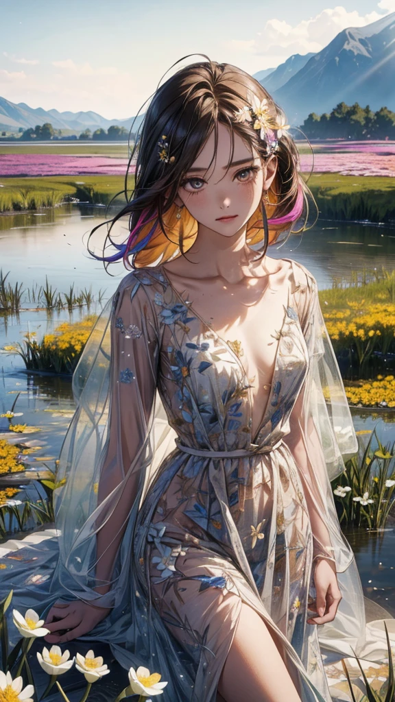 (1girl),
((A marshland with colorful flowers blooming, and beyond the marshland you can see a lake)),
(Rotten and broken boardwalk),
The dress with a large open chest area, thin waist,
beautiful face, perfect face, (detailed face), 
look at viewer
(light shining through), 
