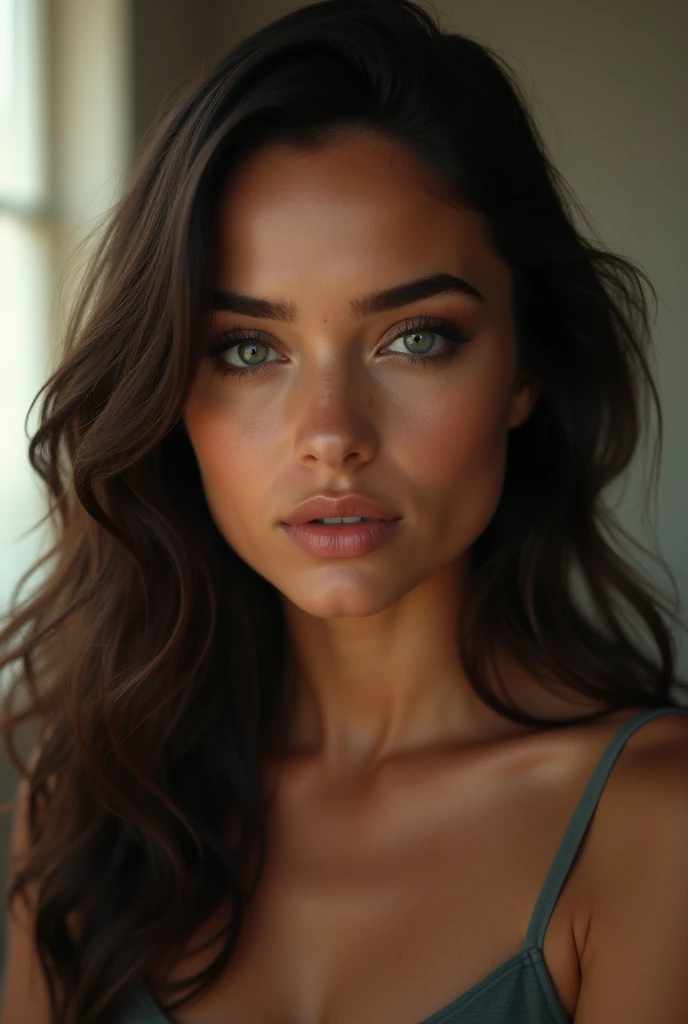 A Brazilian woman, light but tanned skin, dark green eyes, long wavy hair. Delicate face but with very striking features and a seductive look.
