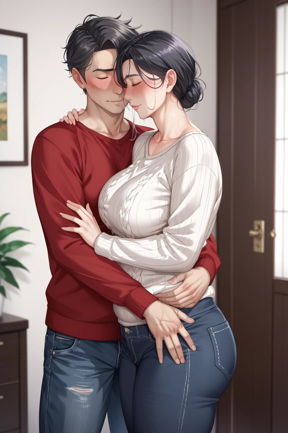  1 mature 45 year old woman 、 1 petite 20 year old man 、 couples after insertion、Mother and 、Clothing、 man hugging a woman from behind、(((Backhug)))、 with incredibly big breasts、Heavy chest、 very big butt、Glamour、 chubby、 plump 、 black hair、Puzzled、blush、sweating、 V neck sweater、jeans、Small wrinkles on a woman's face 、 small wrinkles around a woman's mouth 、 small wrinkles around a woman's eyes 、upper body、looking away、straight-on