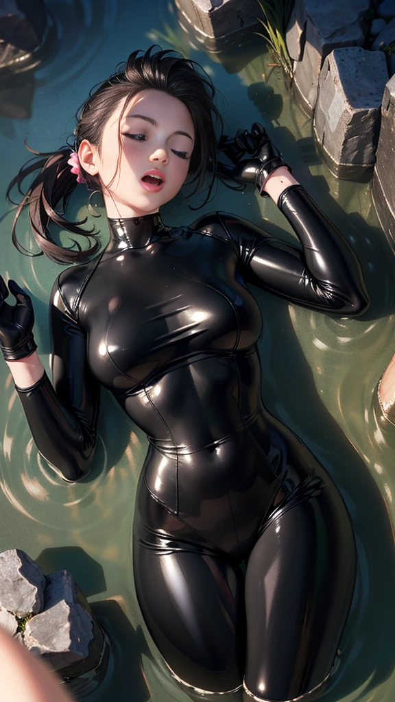 in 8K、超A high resolution、Best Quality、masutepiece (huge-breasted、Toned body:1.2)((glossy black、Tight enamel rubber suit、Enamel pants:1.4))(New York's Buildings、Smoke from manholes:1.5) (long straight beautiful black hair:1.4)(Crying face、big eye、Distinct double eyelids、Lashes:1.3)(gazing at viewer、Highlights in the eyes、Light brown eyes、Pinclip Gloss)piercings、pin heels、(stick out buttocks、bending forward:1.1)