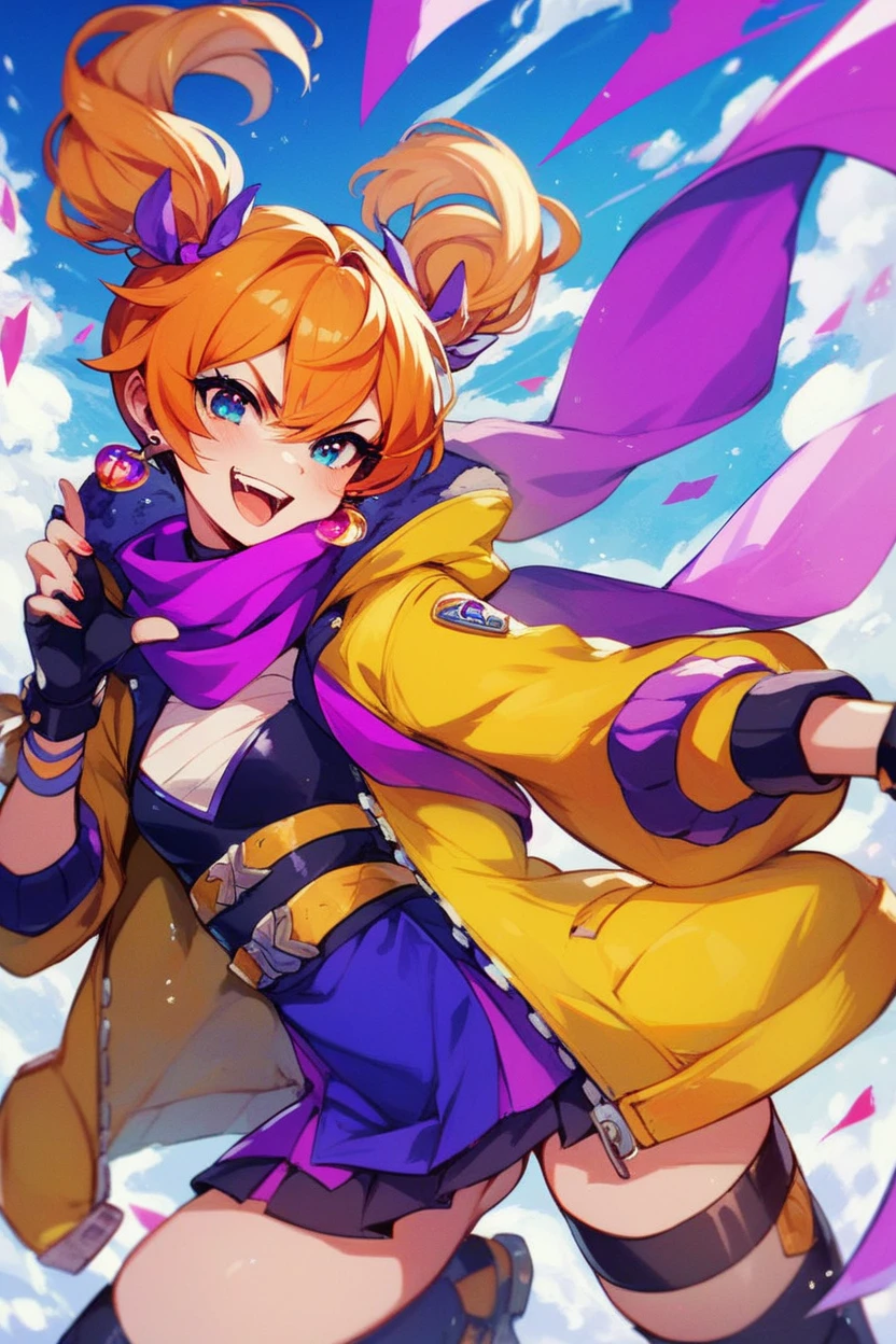 Create an illustration of a determined female character with striking orange hair styled in twin ponytails. She wears a vibrant yellow jacket over a purple and blue outfit. A cozy orange scarf wraps around her neck, and she has a sleek weapon displayed on her back. The setting features a mystical background with banners and a subtle glow, emphasizing her strength and readiness for adventure.