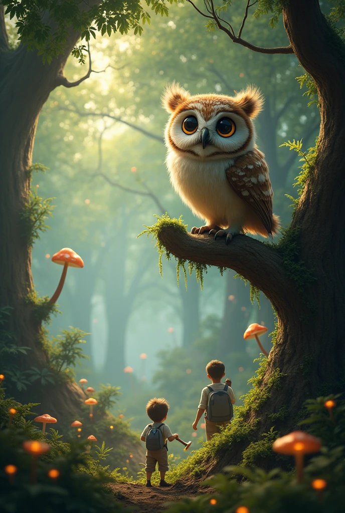 The children encounter a wise old owl perched on a low branch. The owl has white feathers and wise, sparkling eyes. It gazes thoughtfully at the children, creating a mystical atmosphere.