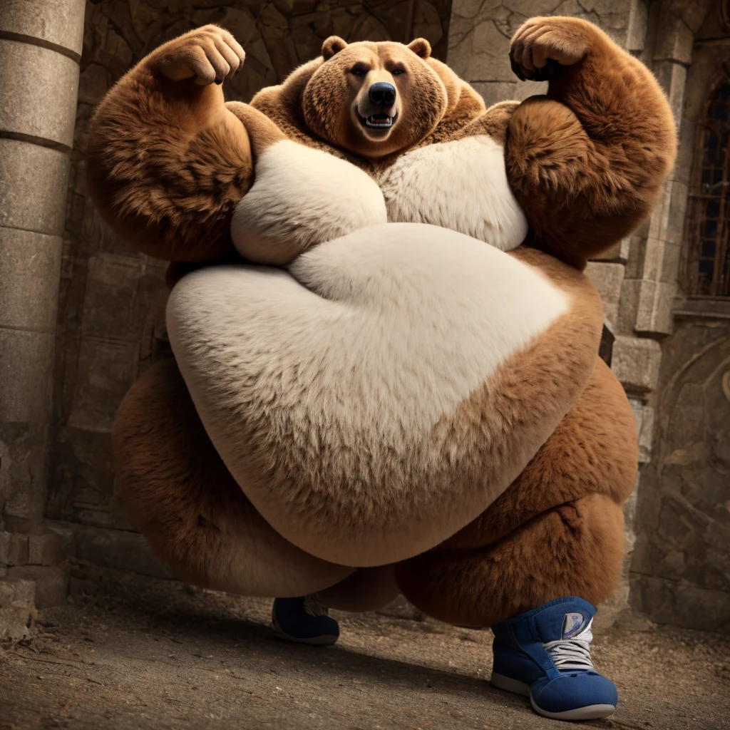 Very extremely morbidly-Obese Grizzly Bear with unbelievably very very very extremely massive overhang white belly, wears shoes, Flexing. 