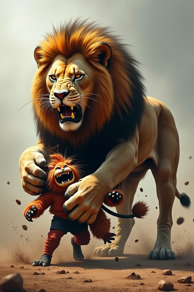 A Lion with human features, gigant ass, with a belt that says PWW. Protegendo sua filhote no colo e Lutando contra dois zumbis gigant asss ensanguentados