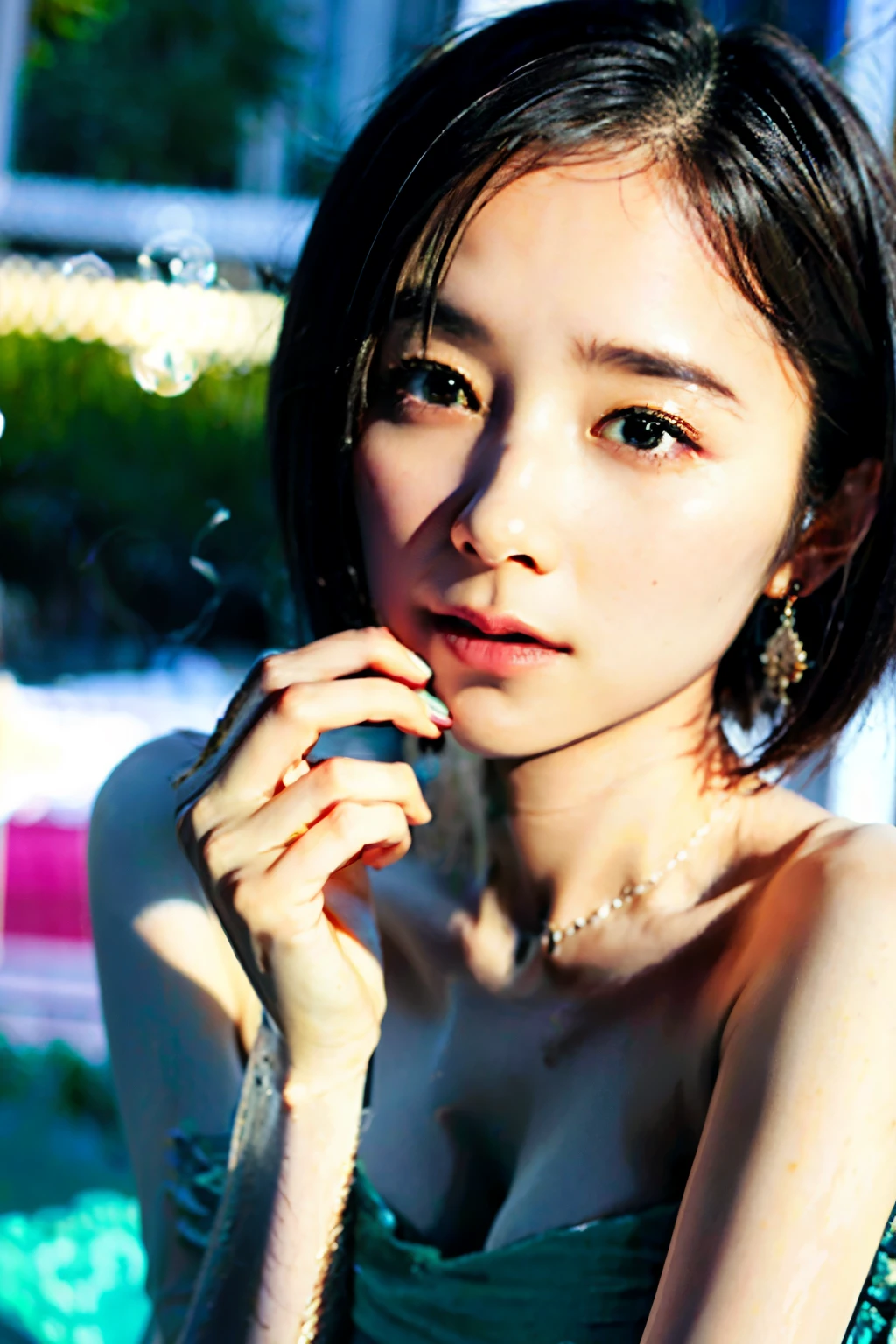 highest quality、1 girl、Highest quality:1.7、Very small flat chest、Tag、shine、Blur the background、Bokeh Depth of Field、White strapless mic bikini:1.6、(Short Bob Cut:1.4)、Beautiful sky in every detail、Earrings、(Dynamic Pose:1.2)、 (Upper body:0.8)、Soft lighting、Wind、Glowing Skin、A calm face、coastal、evening、Backlight、