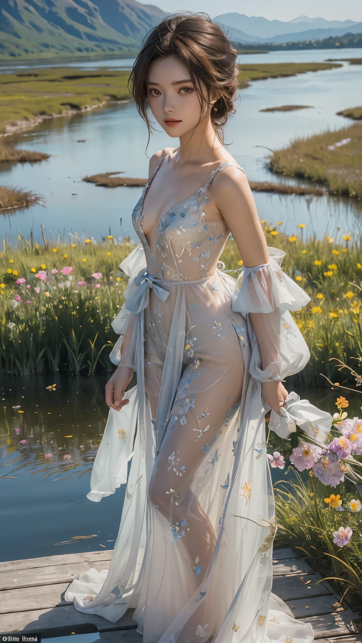 (1girl),
((A marshland with colorful flowers blooming, and beyond the marshland you can see a lake)),
(Rotten and broken boardwalk),
The dress with a large open chest area, thin waist,
beautiful face, perfect face, (detailed face), 
look at viewer
(light shining through), 
