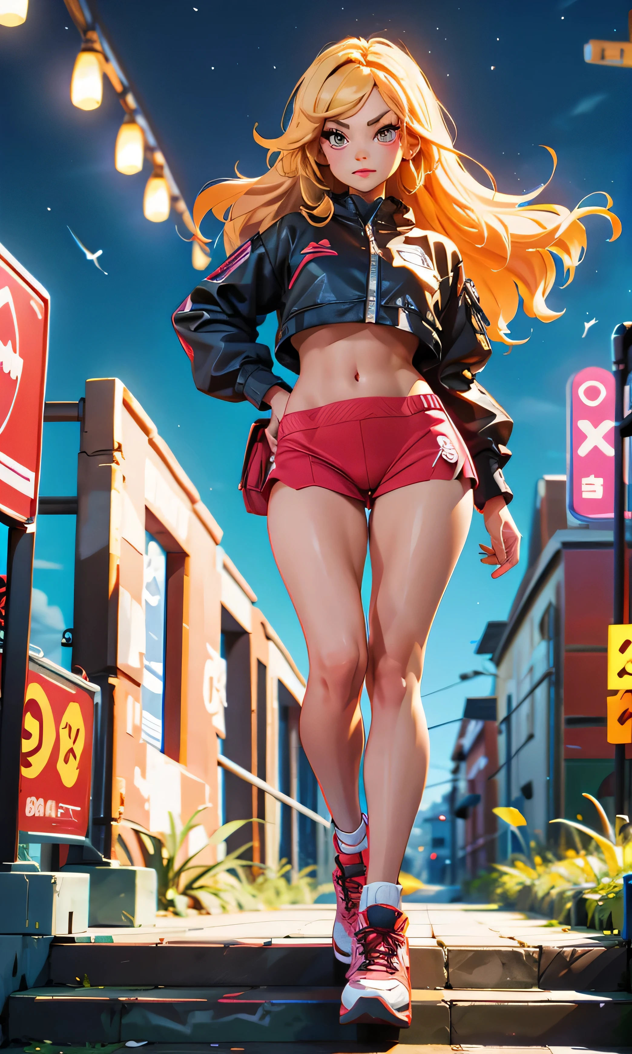  masterpiece, 1 girl, beautiful, slim, head on, looking at the spectator,  long hair , blonde hair, brown eyes,  arched eyebrows ,  full body ,  nice legs, abdomen plano, Kpop outfit ,  sports shoes , (((desnuda))),  on an abandoned bridge, dark sky,