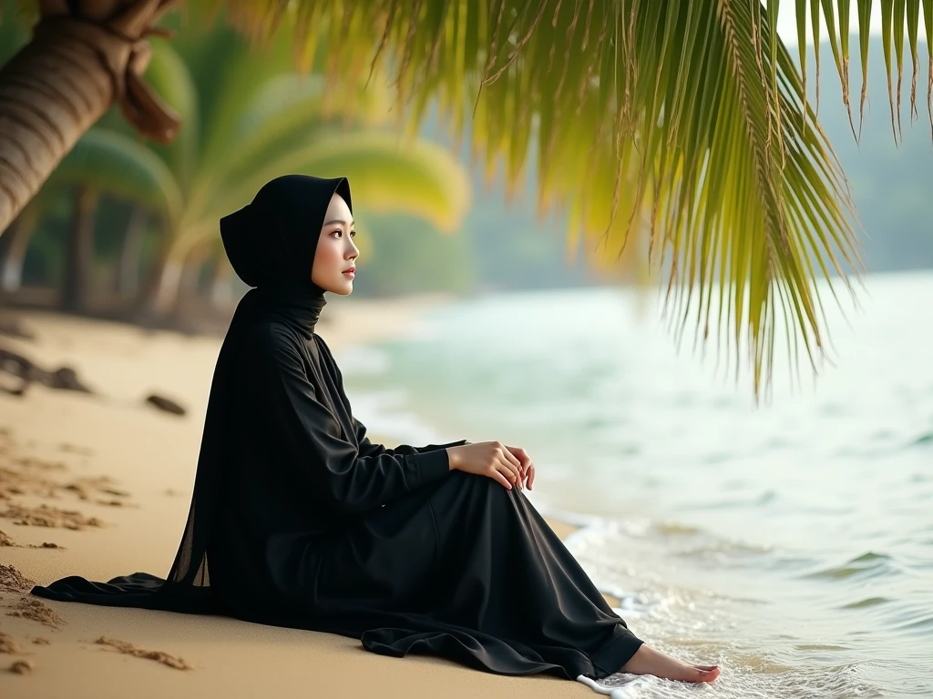 A girl who wear a black colour borka and niqab ... Seat on a sea beach with a sun set veiw