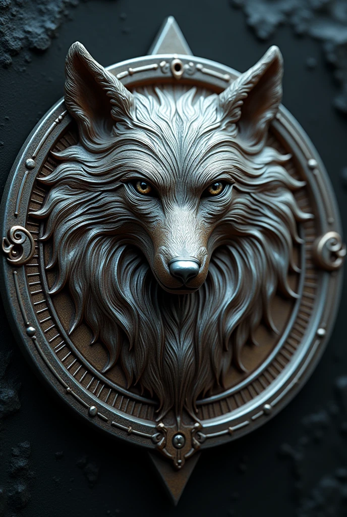 Create an image of a signet of a legendary creature , This creature is the wolf of the moon , This signet must be a detail in an armor and the signet must contain the wolf of the moon and between its ears the 4 phases of the moon this signet is made of metal