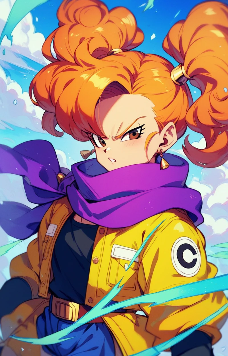 Create an illustration of a determined female character with striking orange hair styled in twin ponytails. She wears a vibrant yellow jacket over a purple and blue outfit. A cozy orange scarf wraps around her neck, and she has a sleek weapon displayed on her back. The setting features a mystical background with banners and a subtle glow, emphasizing her strength and readiness for adventure. Dragon Ball style, brown eyes, 