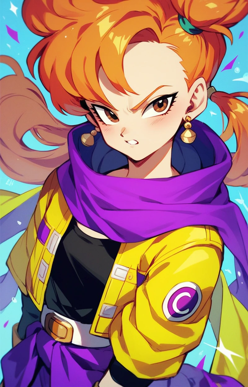 Create an illustration of a determined female character with striking orange hair styled in twin ponytails. She wears a vibrant yellow jacket over a purple and blue outfit. A cozy orange scarf wraps around her neck, and she has a sleek weapon displayed on her back. The setting features a mystical background with banners and a subtle glow, emphasizing her strength and readiness for adventure. Dragon Ball style, brown eyes, 