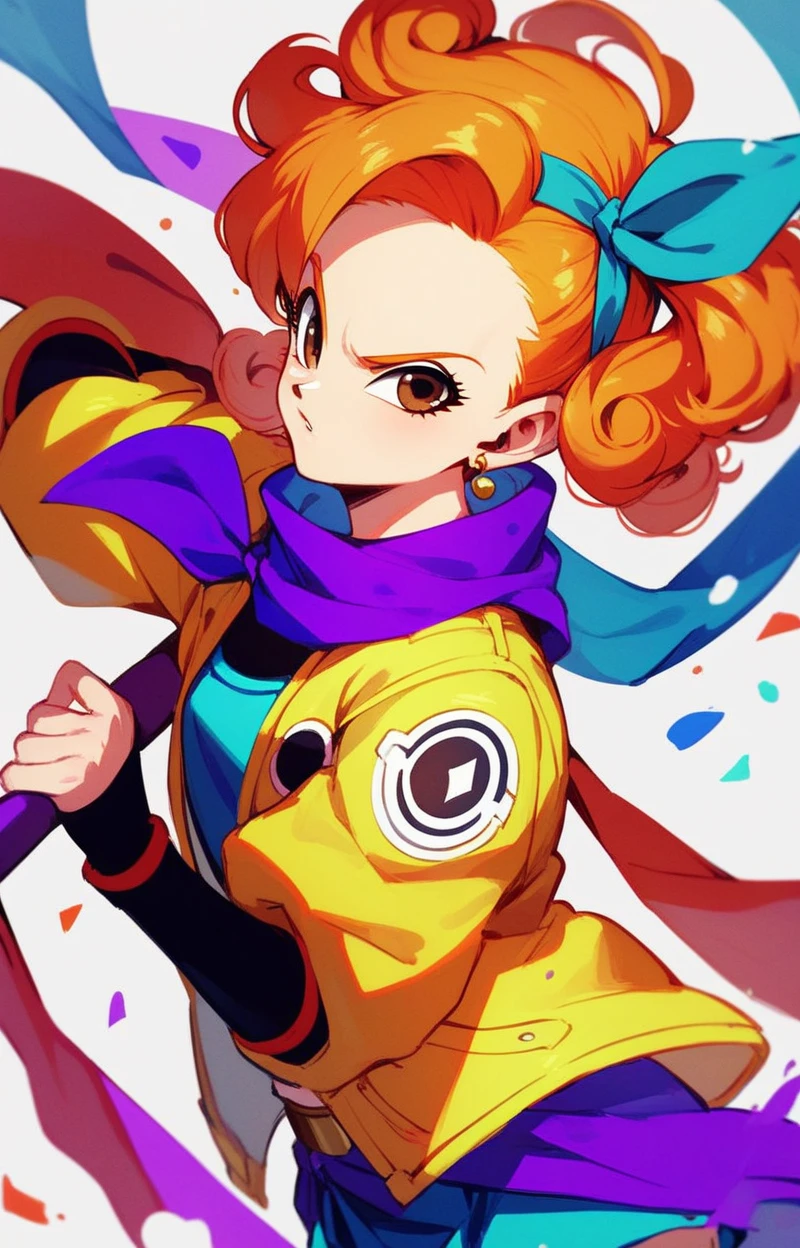 Create an illustration of a determined female character with striking orange hair styled in twin ponytails. She wears a vibrant yellow jacket over a purple and blue outfit. A cozy orange scarf wraps around her neck, and she has a sleek weapon displayed on her back. The setting features a mystical background with banners and a subtle glow, emphasizing her strength and readiness for adventure. Dragon Ball style, brown eyes, 