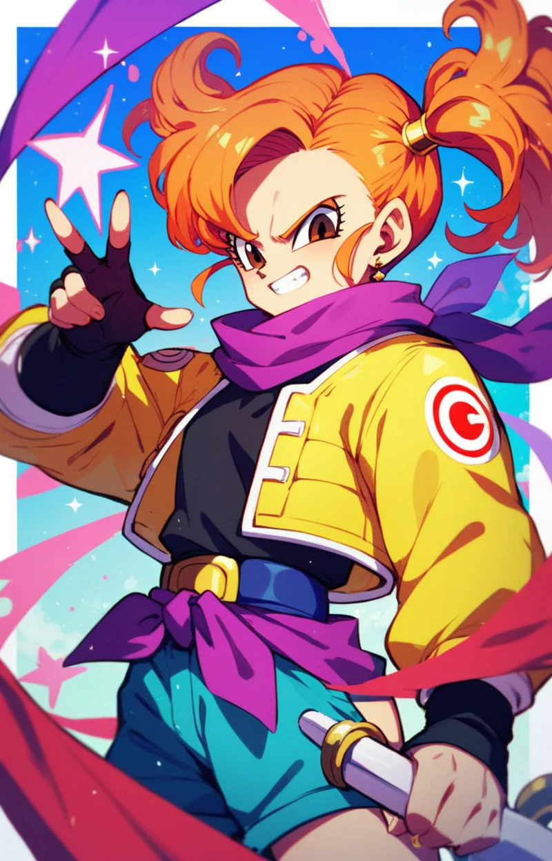 Create an illustration of a determined female character with striking orange hair styled in twin ponytails. She wears a vibrant yellow jacket over a purple and blue outfit. A cozy orange scarf wraps around her neck, and she has a sleek weapon displayed on her back. The setting features a mystical background with banners and a subtle glow, emphasizing her strength and readiness for adventure. Dragon Ball style, brown eyes, 