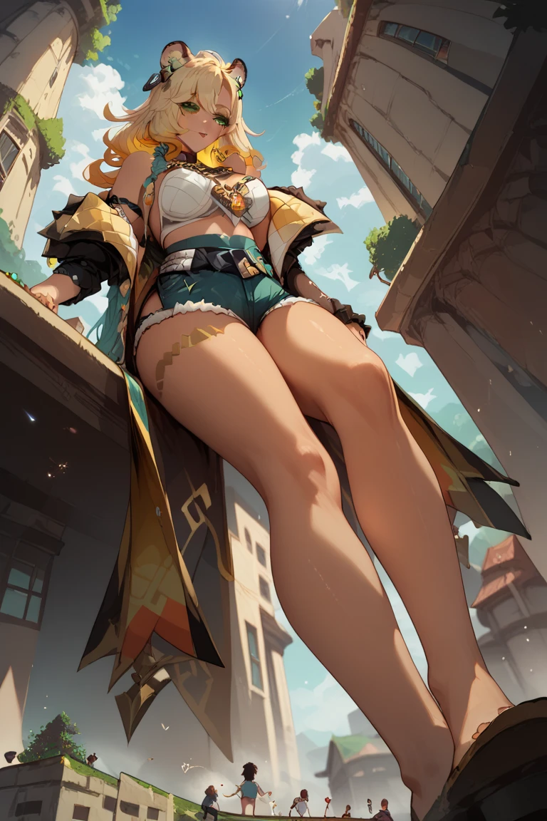 Glamorous giantess in a tight-fitting black dress, with long brunette hair and hazel eyes, strides through a small village. Her towering form crushes everything beneath her feet, and she smirks at the tiny people. Her lover, a giant man with blonde hair and green eyes, follows her, both delighting in the chaos. Giantess, Goddess, sexy legs, heels, hot, curvy body, mommy issues, small town, small people, tiny people, macrophilia, perspective from below, high quality, almost naked, mature couple.

