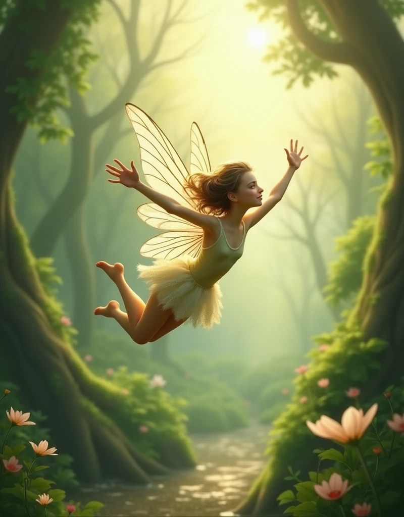 a draw of a fairy jump in the air, dive flight