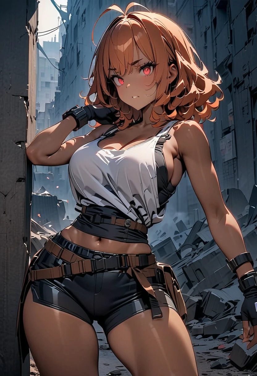 Standing. monkey ears, monkey ears, smile, full body, solo, redhead, 1girl, big hair, messy hair, big black socks, unbuttoned jeans, battle pose, strong thighs, big thighs, blue scarf, black tank top, black shorts, strong, solo, red hair, shaved belly, muscles, tall, red monkey ears, red monkey tail, yellow eyes, small scar on the cheek,  red skin around the body