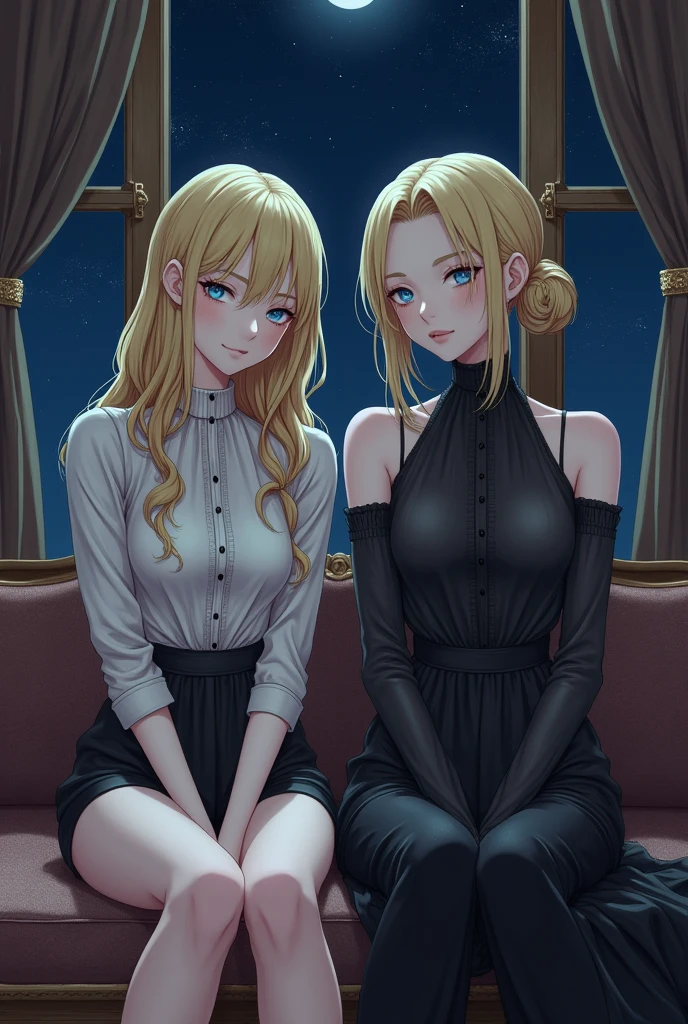 Drawing ( masterpiece,  better quality ,  High resolution: 1.4) (photorealism:1.2) Drawing detallado, until. A pair of THIN young people sitting at night. El primero es  wavy hair rubio,  long hair , delgado,  wavy hair,  heavenly eyes , smooth skin,  white skin , delgado, Delicate, friendly. Delicate.  Clothing detail Dressed in rococo long neck blouse and shorts,  black victorian clothing , soft leather, slim and feminine .  The second one is taller , delgado,  is sitting on one side of the first ,  wearing black pants and sleeveless blouse,  young,  short blonde hair ,  Straight hair ,  blue eyes , torn,  moon under the right eye , Half ponytail hairstyle, smooth skin,  white skin , slim, rebelde, Annoying. rock clothes. In the mansion room 
