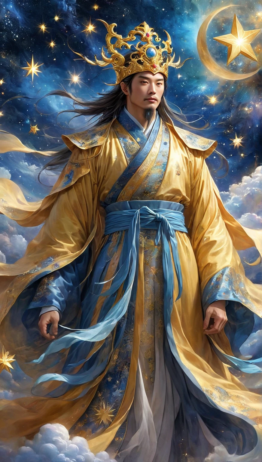  A wise Chinese fairy in a flowing golden robe,  Handsome Man ， Fat Pectoral Muscles ， Face like a Chinese star , Dai Xian headdress ，  Standing in the clouds looking up at the starry sky ,  Surrounded by glittering runes and symbols , Ethereal atmosphere,  height detail,  cinematic lighting ,  Digital Art,  conceptual art , fantasy