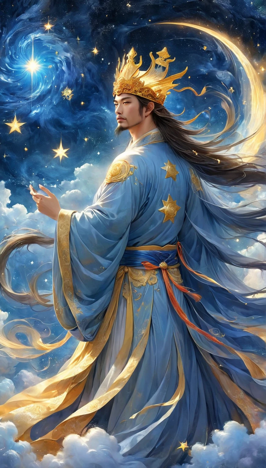  A wise Chinese fairy in a flowing golden robe,  Handsome Man ， Fat Pectoral Muscles ， Face like a Chinese star , Dai Xian headdress ，  Standing in the clouds looking up at the starry sky ,  Surrounded by glittering runes and symbols , Ethereal atmosphere,  height detail,  cinematic lighting ,  Digital Art,  conceptual art , fantasy