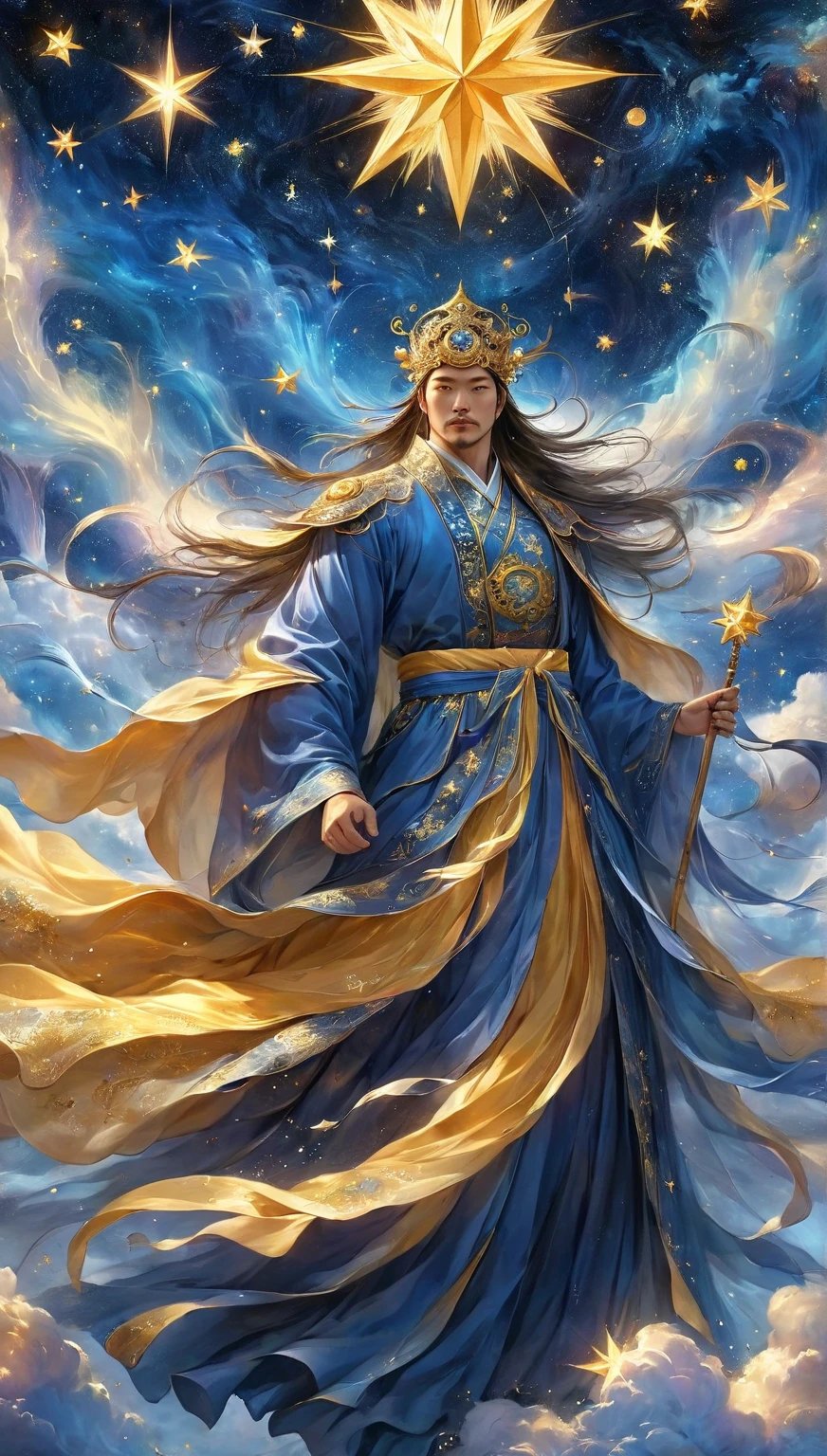  A wise Chinese fairy in a flowing golden robe,  Handsome Man ， Fat Pectoral Muscles ， Face like a Chinese star , Dai Xian headdress ，  Standing in the clouds looking up at the starry sky ,  Surrounded by glittering runes and symbols , Ethereal atmosphere,  height detail,  cinematic lighting ,  Digital Art,  conceptual art , fantasy