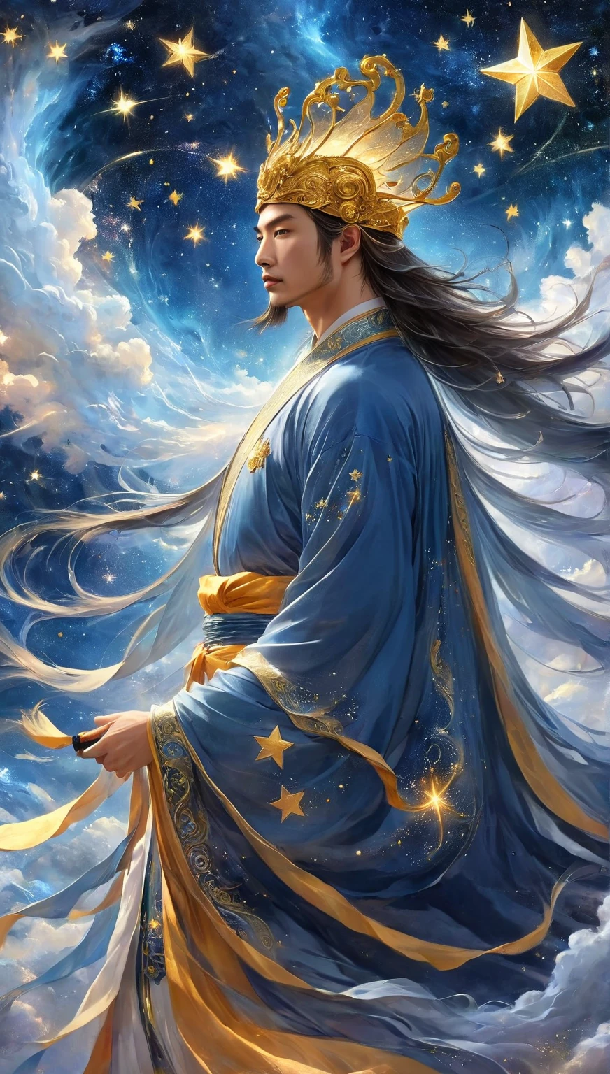  A wise Chinese fairy in a flowing golden robe,  Handsome Man ， Fat Pectoral Muscles ， Face like a Chinese star , Dai Xian headdress ，  Standing in the clouds looking up at the starry sky ,  Surrounded by glittering runes and symbols , Ethereal atmosphere,  height detail,  cinematic lighting ,  Digital Art,  conceptual art , fantasy