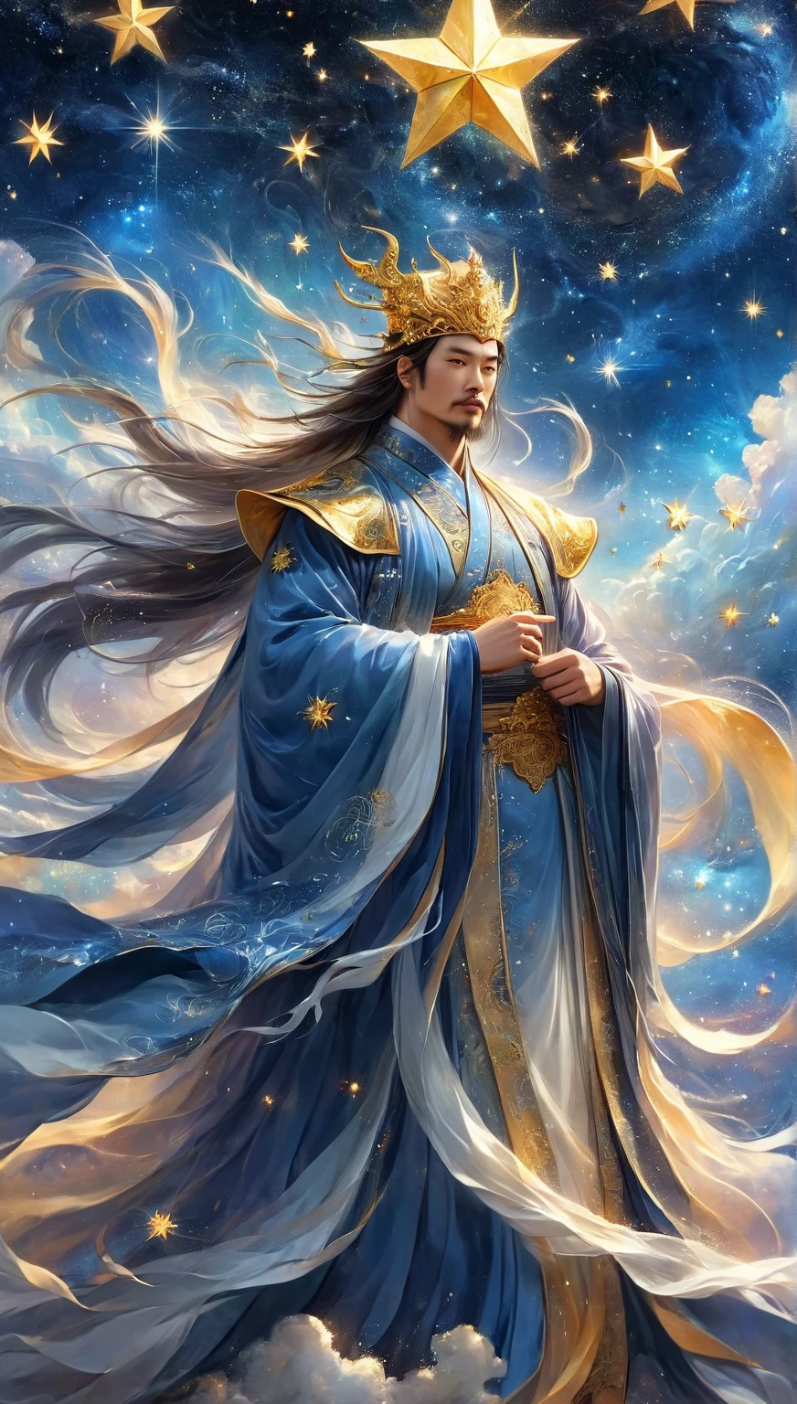  A wise Chinese fairy in a flowing golden robe,  Handsome Man ， Fat Pectoral Muscles ， Face like a Chinese star , Dai Xian headdress ，  Standing in the clouds looking up at the starry sky ,  Surrounded by glittering runes and symbols , Ethereal atmosphere,  height detail,  cinematic lighting ,  Digital Art,  conceptual art , fantasy